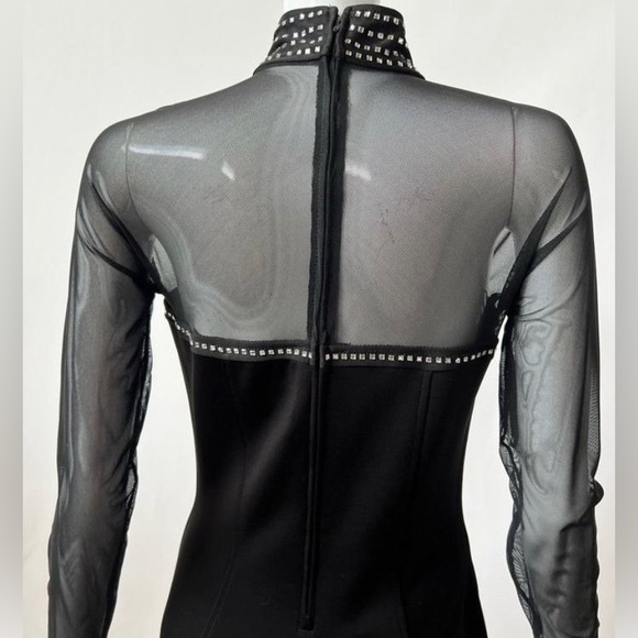 1990S TADASHI BLACK VINTAGE EVENING DRESS W SHEER SLEEVES & RHINESTONES - Picture 3 of 8